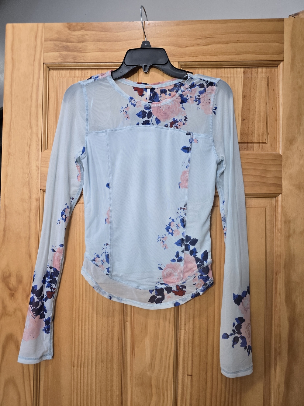 Free People Pale Blue Floral Mesh Long-Sleeve Top